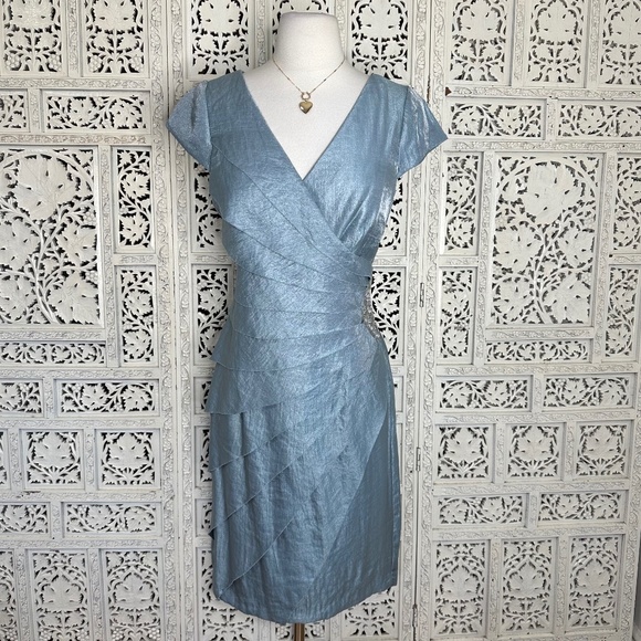 London Times Light Blue Pleated Shutter Embellished V Neck Formal Cocktail Dress - Picture 1 of 8